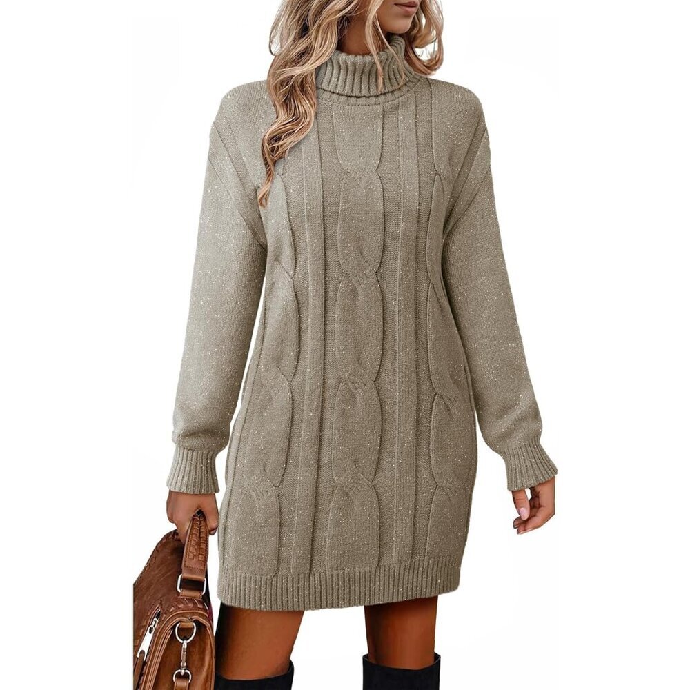 Warm and Stretchy Long Sleeve Turtleneck Midi Dress - Perfect for All Occasions - Picture 2 of 6